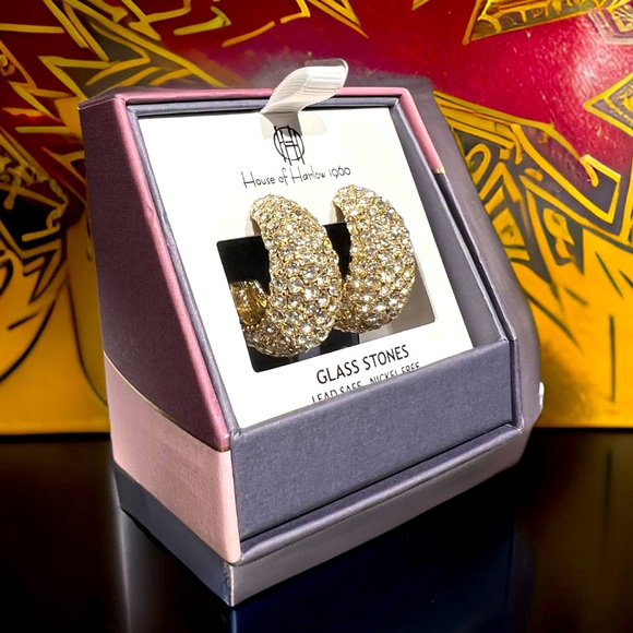 House of Harlow 1960 NWT Half Hoop Gold Tone Sparkling Glass Rhinestone Earrings - Picture 2 of 5